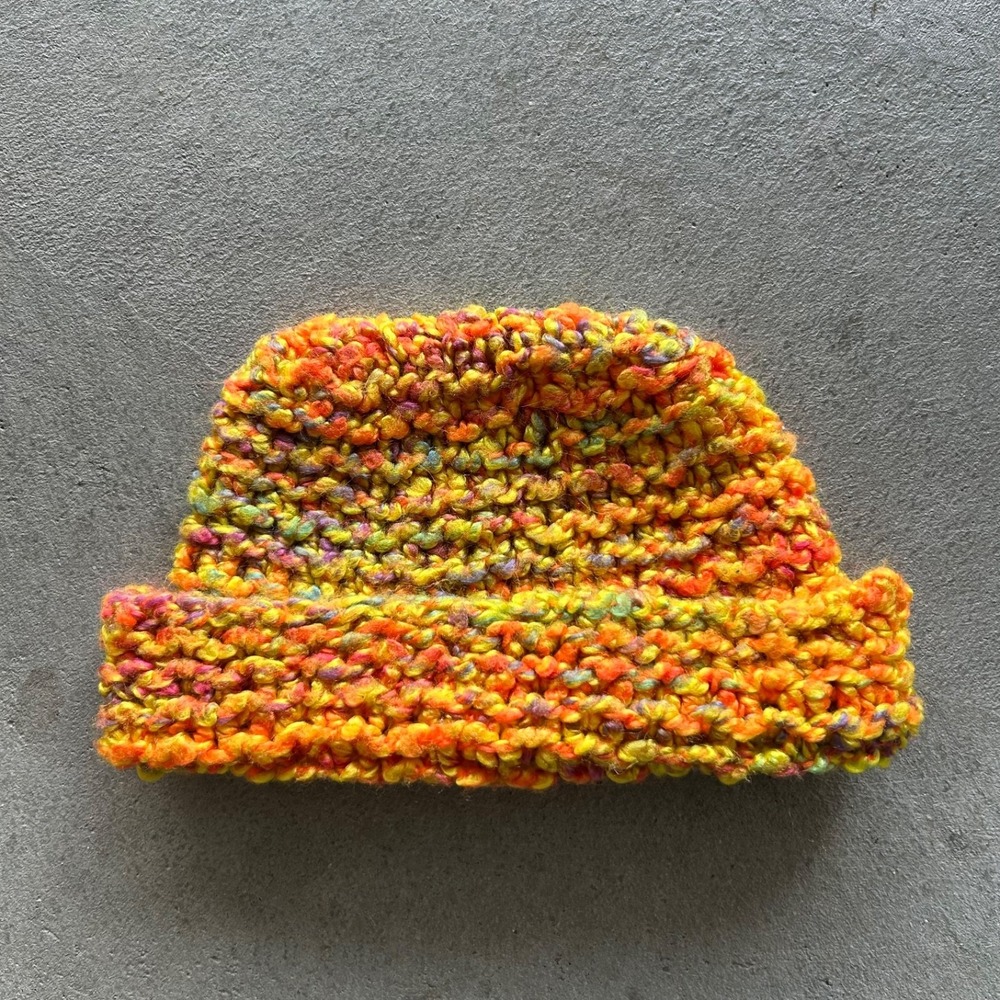 Vintage Knitted Beanie Hat Cap One Size Yellow Multicolor Crochet